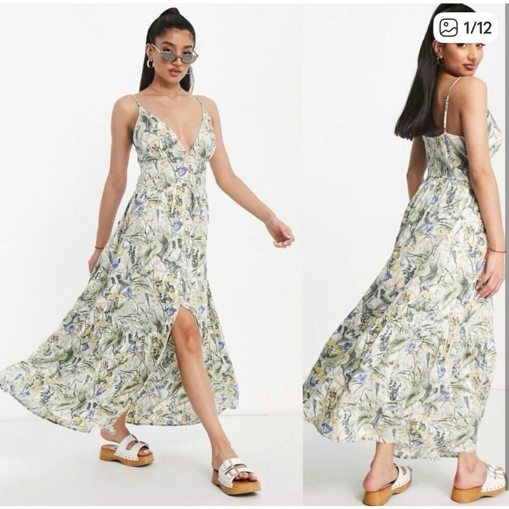 Abercrombie & Fitch Plunge Linen Blend Maxi Dress in Tropical Print, XS